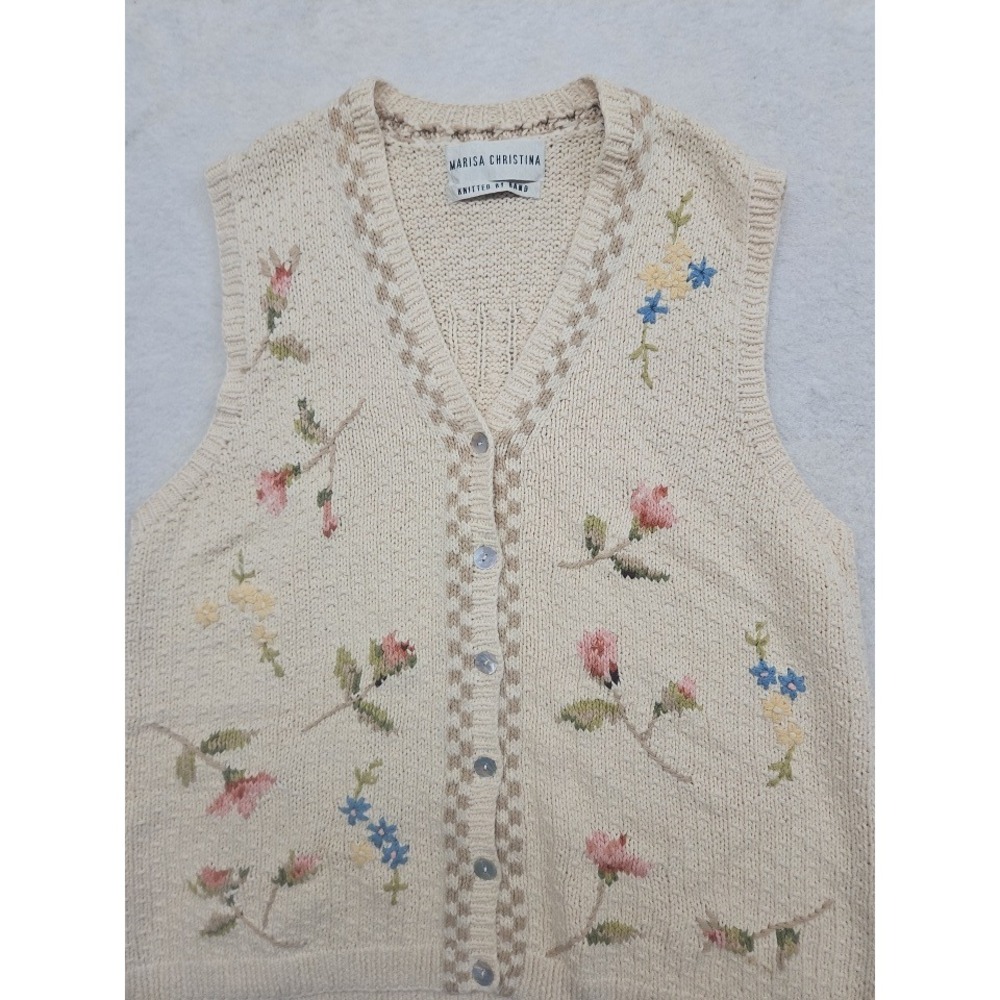 Marisa Christina Hand Knitted Floral Embroidered Cardigan Vest Cream Medium